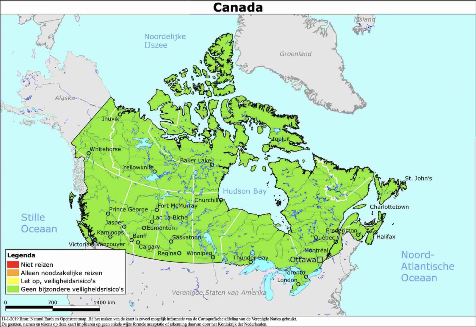 Kaart met het reisadvies voor Canada